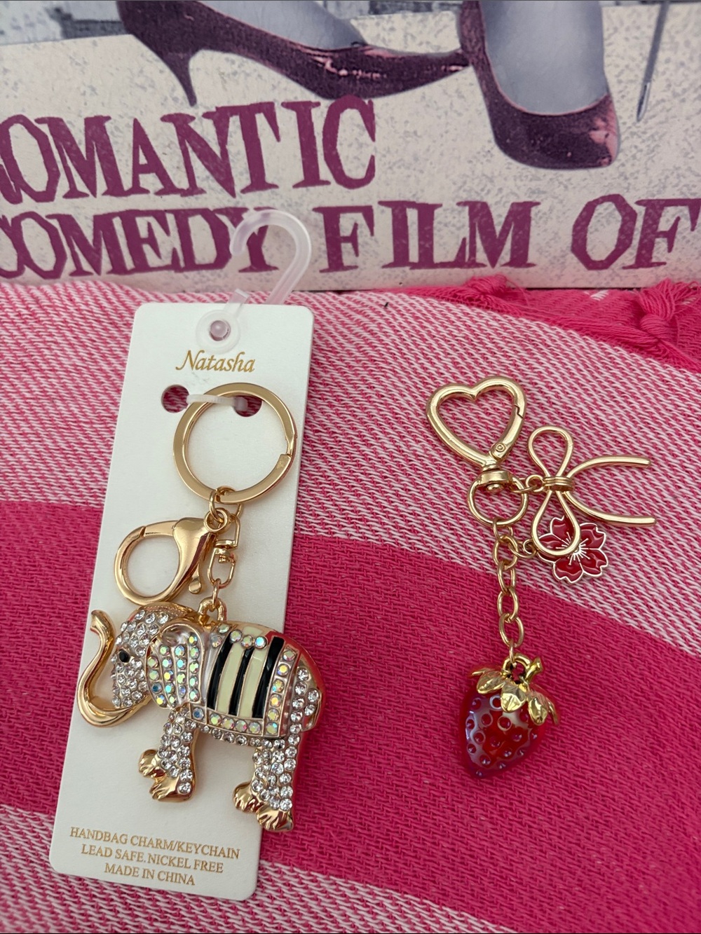 Natasha Gold Elephant Crystal Keychain and Strawberry keychain